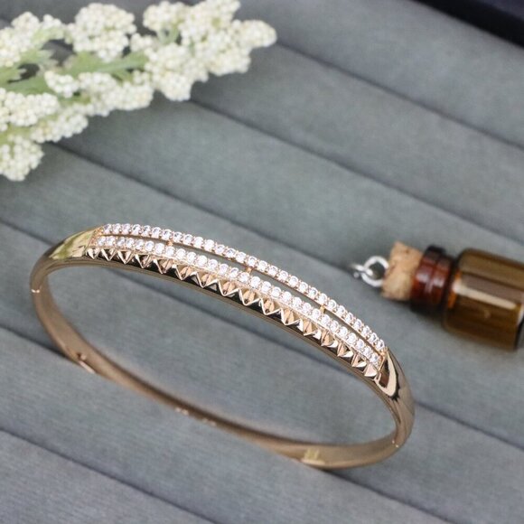 Rose Gold Bangle with Dual CZ Rows and Stud Detail, XPBL0539 - Picture 11 of 12